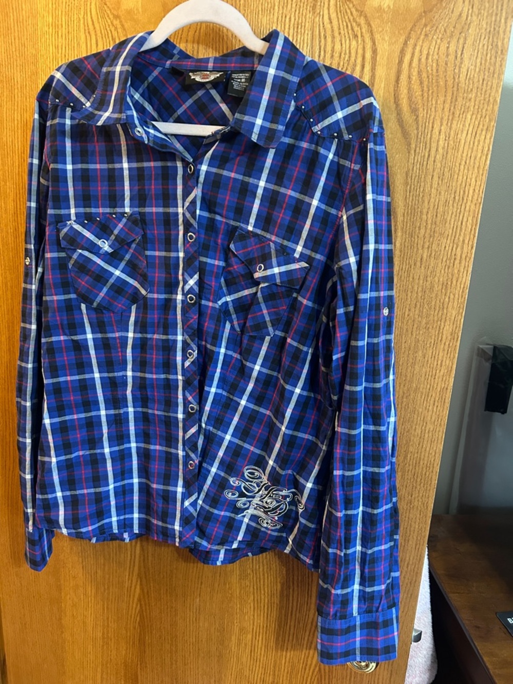 Harley-Davidson Navy Blue Plaid Button-Down Shirt with Red Accents